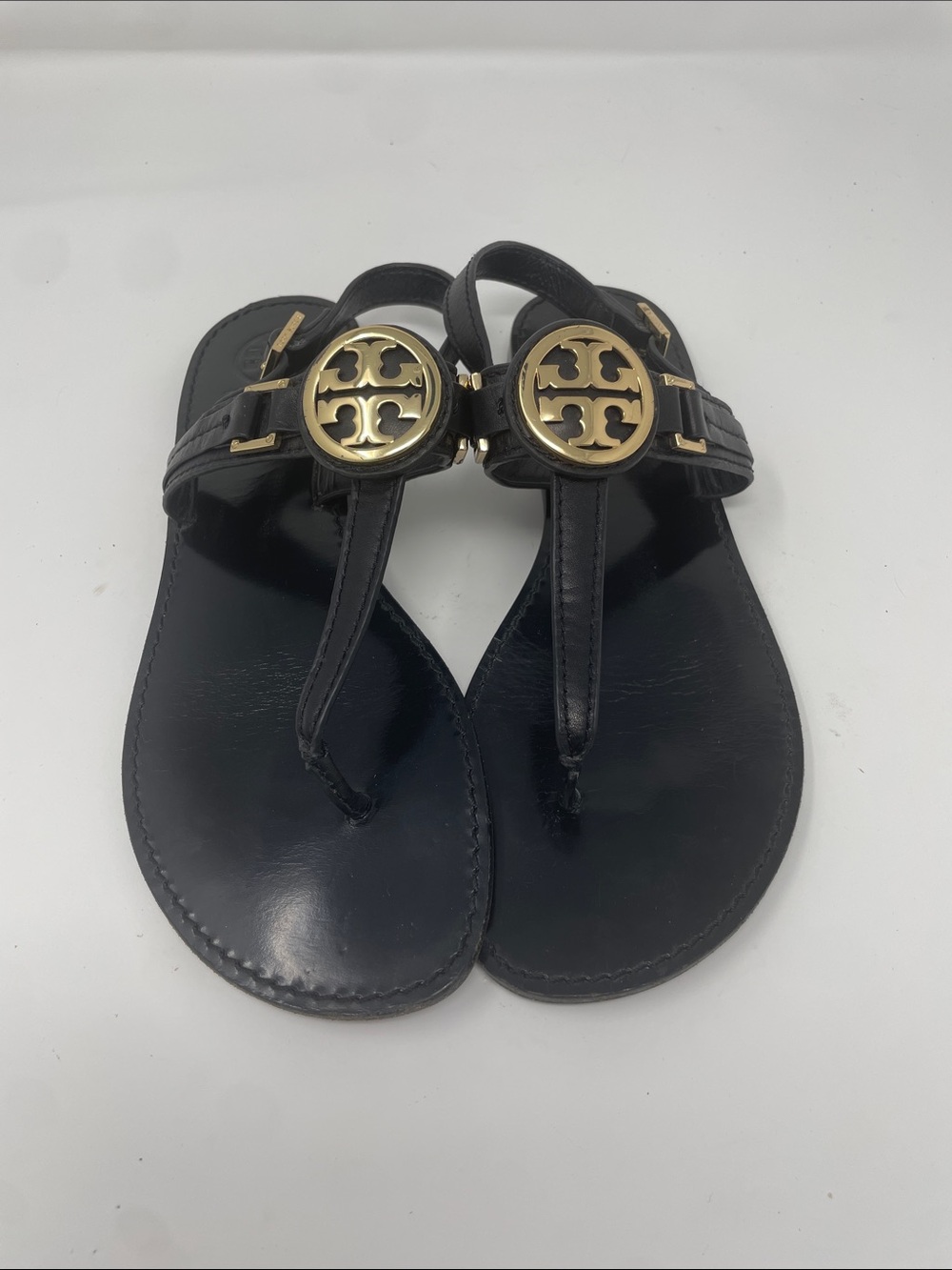 Tory Burch Cassia Black Thong Sandals Gold Logo Size 9.5